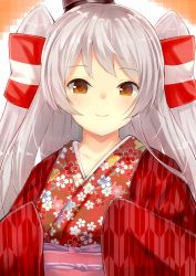 Rule 34 | 10s, 1girl, amatsukaze (kancolle), blush, bokokichi (you), brown eyes, commentary request, floral print, hair tubes, highres, japanese clothes, kantai collection, kimono, long hair, looking at viewer, obi, sash, seigaiha, silver hair, smile, solo, two side up, yagasuri