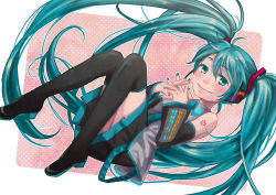 Rule 34 | 1girl, aqua eyes, aqua hair, bad id, bad pixiv id, bare shoulders, black thighhighs, blush, detached sleeves, hatsune miku, interlocked fingers, long hair, looking at viewer, necktie, outline, ryouga (fm59), skirt, smile, solo, thighhighs, twintails, very long hair, vocaloid