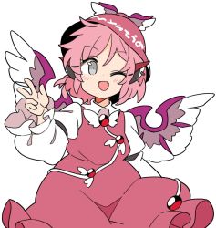 Rule 34 | 1girl, animal ears, bird ears, bird wings, blush, brown dress, brown hat, dress, earrings, fang, frilled dress, frilled sleeves, frills, grey eyes, hat, ini (inunabe00), jewelry, long sleeves, mystia lorelei, one eye closed, open mouth, pink hair, short hair, simple background, single earring, skin fang, smile, solo, touhou, upper body, white background, white wings, winged hat, wings