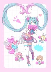 4girls :3 aqua_hair blonde_hair boots brown_hair cheerleader chibi closed_mouth cross-laced_footwear full_body hatsune_miku highres holding holding_pom_poms kagamine_rin long_hair looking_at_viewer maririmochi megurine_luka meiko_(vocaloid) midriff multicolored_hair multiple_girls navel one_eye_closed pink_footwear pink_hair pom_pom_(cheerleading) pom_poms skirt smile standing striped_clothes striped_thighhighs thighhighs twintails very_long_hair vocaloid white_thighhighs