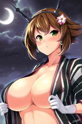 Rule 34 | 10s, 1girl, alternate costume, anchor earrings, blush, breasts, brown hair, cleavage, crescent moon, earrings, flower, gloves, green eyes, hair flower, hair ornament, headband, headgear, japanese clothes, jewelry, kantai collection, kimono, large breasts, looking at viewer, moon, mutsu (kancolle), open clothes, parted lips, short hair, solo, upper body, white gloves, yuuki hb