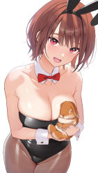 Rule 34 | 1girl, animal, animal ears, animal on chest, bare arms, bare shoulders, black leotard, blush, bow, bowtie, breast pillow, breast press, breasts, brown hair, brown pantyhose, cleavage, collarbone, detached collar, fake animal ears, from above, groin, highres, holding animal, holding rabbit, large breasts, leotard, looking at viewer, object on breast, open mouth, original, pantyhose, playboy bunny, rabbit, rabbit ears, red bow, red bowtie, red eyes, short hair, simple background, skindentation, smile, solo, taniguchi daisuke (surumenium), traditional bowtie, white background, wrist cuffs