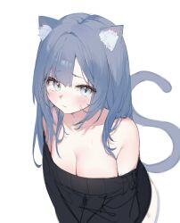 Rule 34 | 1girl, absurdres, animal ears, bare shoulders, black sweater, blue eyes, blue hair, blush, breasts, cat ears, cat girl, cat tail, cleavage, collarbone, hair over shoulder, highres, iomaaki, long hair, looking at viewer, medium breasts, off-shoulder sweater, off shoulder, original, parted bangs, sidelocks, simple background, solo, sweater, tail, upper body, white background