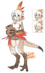 Rule 34 | 1girl, animal ears, artist name, bandeau, bare shoulders, bird ears, bird legs, blush, brown hair, brown scales, commentary request, digitigrade, dinosaur girl, dinosaur tail, feather hair, feather necklace, feathers, gradient hair, green eyes, hair between eyes, harpy, highres, holding jug, jewelry, monster girl, multicolored hair, multiple views, necklace, open mouth, original, red feathers, red sash, sash, shorts, simple background, tail, talons, white background, white bandeau, winged arms, wings, yoshida hideyuki
