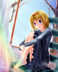 Rule 34 | 1girl, :o, alice margatroid, bad id, bad pixiv id, barefoot, blonde hair, blue eyes, casual, chair, dress, feet, feet on chair, full body, hairband, highres, husky (artist), hugging own legs, light particles, short hair, sitting, solo, touhou, window