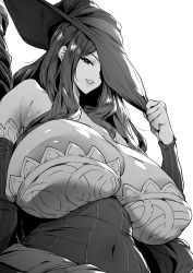 Rule 34 | 1girl, absurdres, areola slip, bare shoulders, breasts, clothes, curvy, dragon&#039;s crown, female focus, hat, highres, huge breasts, large areolae, long hair, looking at viewer, monochrome, parted lips, simple background, smile, solo, sorceress (dragon&#039;s crown), thirty 8ght, very long hair, white background, wide hips, witch, witch hat