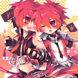 Rule 34 | 1boy, ao jun, bad id, bad pixiv id, blush, checkered background, coat, dual persona, elsword, elsword (character), fingerless gloves, gloves, gradient background, long hair, lord knight (elsword), male focus, midriff, no nose, one eye closed, pink background, ponytail, red eyes, red hair, rune slayer (elsword), smile, solo, v, wink, yellow background