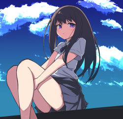 Rule 34 | 1girl, black hair, blue ribbon, blue skirt, boxers, caraku, closed mouth, cloud, feet out of frame, highres, inoue takina, knees up, long hair, looking at viewer, lycoris recoil, male underwear, pleated skirt, purple eyes, ribbon, school uniform, shirt, short sleeves, sitting, skirt, sky, solo, underwear, white shirt