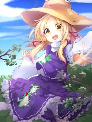 Rule 34 | 1girl, animal print, arm up, blonde hair, blue sky, blush, branch, breasts, bush, cloud, commentary request, day, dot nose, dress, eyelashes, fingernails, frilled dress, frills, frog, frog print, hair ribbon, happy, hat, high collar, highres, holding, holding clothes, medium hair, moriya suwako, open mouth, outdoors, outstretched arms, parted bangs, pyonta, red ribbon, ribbon, ribbon-trimmed sleeves, ribbon trim, shimohuri (novazz221), shirt, shoes, sky, small breasts, socks, solo, standing, sweatdrop, teeth, tongue, touhou, tree, tress ribbon, turtleneck, upper teeth only, white shirt, wide sleeves, yellow eyes