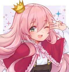 Rule 34 | 1girl, :d, capelet, commentary, commission, crown, dated, english commentary, green eyes, hand up, highres, looking at viewer, mini crown, neck ribbon, one eye closed, open mouth, original, overalls, pink hair, pink ribbon, red capelet, ribbon, round teeth, signature, smile, solo, sparkle, teeth, temachii, upper body, upper teeth only