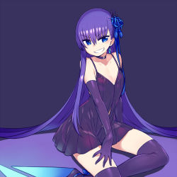 Rule 34 | 10s, 1girl, absurdly long hair, alternate costume, black dress, black gloves, blue eyes, chan co, choker, dress, earrings, elbow gloves, fate/extra, fate/extra ccc, fate/grand order, fate (series), flower, gloves, grin, hair flower, hair ornament, jewelry, long hair, meltryllis (fate), purple hair, simple background, single earring, sitting, smile, solo, thighhighs, v-shaped eyebrows, very long hair, yokozuwari
