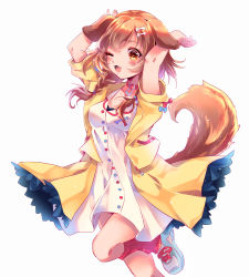 Rule 34 | 1girl, animal ears, brown eyes, brown hair, dog ears, dog girl, dog tail, highres, hololive, inugami korone, inugami korone (1st costume), jumping, linnea kataja, looking at viewer, one eye closed, open mouth, solo, tail, virtual youtuber, white background