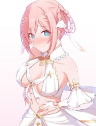Rule 34 | 1girl, bare shoulders, blush, breasts, bridal gauntlets, cleavage, closed mouth, collarbone, criss-cross halter, detached sleeves, embarrassed, fingerless gloves, gloves, hair rings, halterneck, looking at viewer, navel, panna444, pink hair, princess connect!, revealing clothes, short hair, skirt, solo, sweat, white skirt, yui (ceremonial) (princess connect!), yui (princess connect!)