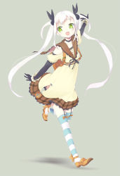 Rule 34 | 1girl, backpack, bag, child, dress, elbow gloves, female focus, garter straps, gloves, green eyes, happy, highres, legs, long hair, miyoshino, open mouth, original, randoseru, solo, striped clothes, striped thighhighs, thighhighs, twintails, white hair, white thighhighs