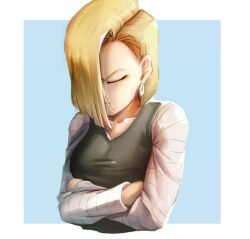 Rule 34 | 1girl, android 18, blonde hair, breasts, closed eyes, cropped torso, crossed arms, dragon ball, dragonball z, earrings, hair behind ear, hair over one eye, jewelry, medium breasts, sarulart, solo, upper body, v-shaped eyebrows