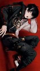 Rule 34 | 1boy, black hair, black jacket, black pants, commentary, commission, earrings, highres, jacket, jewelry, long sleeves, looking at viewer, male focus, multicolored clothes, multicolored hair, multicolored jacket, necklace, open mouth, original, pants, reclining, red background, short hair, skeb commission, solo, streaked hair, stud earrings, tsukiiro, two-tone jacket, white hair, white jacket, yellow eyes