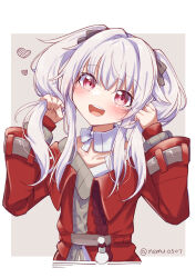 Rule 34 | 1girl, absurdres, blush, brown sweater, clara (honkai: star rail), coat, collar, cropped legs, eyebrows hidden by hair, flat chest, hair between eyes, hair tie, hands in own hair, head tilt, heart, highres, honkai: star rail, honkai (series), long bangs, looking at viewer, nemu7777, open mouth, red coat, red eyes, simple background, smile, solo, sweater, teeth, twintails, upper teeth only, white collar