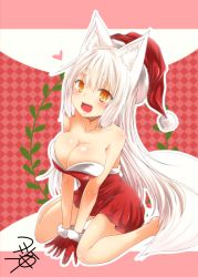 Rule 34 | 1girl, :d, animal ear fluff, animal ears, bare shoulders, breasts, christmas, cleavage, collarbone, dress, fang, fox ears, fox tail, fur-trimmed headwear, fur trim, gloves, hat, heart, kohaku (yua), looking at viewer, off-shoulder dress, off shoulder, open mouth, orange eyes, original, pink background, red background, red dress, red gloves, santa costume, santa hat, sitting, slit pupils, smile, solo, tail, thick eyebrows, wariza, white background, white hair, yua (checkmate)