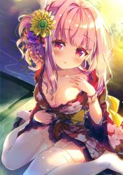 Rule 34 | 1girl, absurdres, bracelet, breasts, cleavage, floral print, flower, from above, garter straps, hair flower, hair ornament, highres, indoors, japanese clothes, jewelry, kimono, lolita fashion, looking at viewer, obi, parted lips, pink hair, red eyes, riichu, sash, scan, side ponytail, sitting, solo, sweat, thighhighs, wa lolita, wariza, white thighhighs