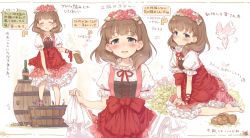 Rule 34 | 10s, 1girl, 7010, :d, ^ ^, barefoot, barrel, bird, blue eyes, blush, bottle, brown hair, closed eyes, commentary request, closed eyes, flower, grape stomping, hair flower, hair ornament, idolmaster, idolmaster cinderella girls, layered skirt, long hair, looking at viewer, multiple views, open mouth, parted lips, puffy short sleeves, puffy sleeves, ribbon, sakuma mayu, shoes, unworn shoes, short sleeves, sitting, skirt, skirt hold, smile, translation request, wariza, wrist ribbon