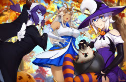 Rule 34 | 3girls, autumn, autumn leaves, black gloves, blue eyes, breasts, brown eyes, cat, clothing cutout, colored skin, dark-skinned female, dark skin, demon horns, demon tail, elbow gloves, evelyn (unsomnus), fangs, fangs out, glasses, gloves, grey skin, hair between eyes, halloween, hat, horns, iliana (unsomnus), jack-o&#039;-lantern, long hair, looking at viewer, luna (unsomnus), magical girl, medium breasts, multiple girls, nun, original, outdoors, pointy ears, purple hair, red eyes, short hair, shoulder cutout, small breasts, striped clothes, striped thighhighs, tail, thighhighs, unsomnus, vampire, white gloves, white hair, witch, witch hat