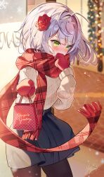 Rule 34 | 1girl, absurdres, bag, belt, black skirt, blush, covering face, cowboy shot, flower, genshin impact, gloves, green eyes, hair flower, hair intakes, hair ornament, highres, holding, holding bag, kokonex, long sleeves, looking down, noelle (genshin impact), outdoors, plaid, plaid scarf, red flower, red gloves, red rose, red scarf, rose, scarf, short hair, skirt, solo, sweater, sweater tucked in, white hair, yellow sweater
