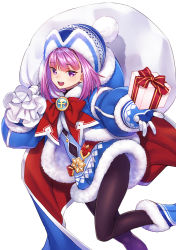 Rule 34 | 1girl, ankh, badge, beanie, belt, black pantyhose, blue coat, blue footwear, blue gloves, blue hat, blush, boots, bow, box, coat, dress, fate/grand order, fate/grand order arcade, fate (series), fur-trimmed coat, fur-trimmed dress, fur trim, gift, gift box, gloves, hat, helena blavatsky (christmas) (fate), helena blavatsky (fate), highres, hood, hooded coat, large bow, long sleeves, looking at viewer, matsuryuu, open clothes, open coat, open mouth, outstretched arm, pantyhose, purple eyes, purple hair, red bow, sack, short hair, simple background, smile, solo, thighs, white background