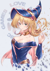 Rule 34 | 1girl, absurdres, bare shoulders, blonde hair, blue eyes, blush, breasts, cleavage, cropped torso, dark magician girl, duel monster, grey background, hand up, hat, hexagram, highres, holding, large breasts, long hair, looking at viewer, nakagawa kanon (pixiv32798535), solo, wizard hat, yu-gi-oh!, yu-gi-oh! duel monsters