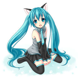 Rule 34 | 1girl, animal ears, aqua eyes, aqua hair, cat ears, detached sleeves, fang, full body, hatsune miku, highres, kotobuki0101, loafers, long hair, looking at viewer, necktie, open mouth, shoes, sitting, skirt, solo, thighhighs, twintails, very long hair, vocaloid, wariza