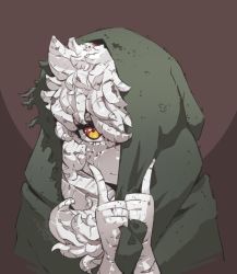 Rule 34 | 1girl, brown background, commentary, cracked skin, curly hair, english commentary, frayed clothes, green hood, hood, hood up, hushabye, long hair, marble (hushabye), monster girl, one eye covered, original, smile, solo, yellow eyes