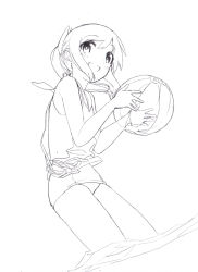 Rule 34 | 1girl, :d, ball, bare arms, bare shoulders, beachball, blew andwhite, blush, commentary request, dutch angle, eyes visible through hair, from side, graphite (medium), greyscale, hands up, highres, holding, holding ball, holding beachball, i-401 (kancolle), kantai collection, leaning forward, lineart, long hair, looking at viewer, looking to the side, monochrome, ocean, old school swimsuit, one-piece swimsuit, open mouth, ponytail, raised eyebrows, school swimsuit, school swimsuit flap, sidelocks, sketch, smile, solo, standing, swimsuit, traditional media, transparent, wading