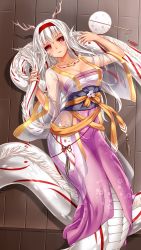 Rule 34 | 1girl, breasts, chinese clothes, cleavage, collarbone, dragon, dragon girl, eastern dragon, fins, floral print, from above, hairband, hanfu, head fins, highres, horns, long hair, looking at viewer, lying, magatama, medium breasts, midnight (banyex), monster girl, monster girl encyclopedia, obi, on back, on floor, parted lips, red eyes, ryuu (monster girl encyclopedia), sash, scales, see-through, smile, solo, tattoo, white hair, wide sleeves, wooden floor
