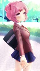 Rule 34 | 1girl, bag, blazer, blue skirt, blurry, blurry background, blush, breasts, brown jacket, brown sweater vest, closed mouth, commentary, cowboy shot, curled fingers, depth of field, doki doki literature club, dress shirt, embarrassed, foliage, from side, furrowed brow, hair intakes, hair ornament, hair ribbon, hedge, highres, imminent hand holding, jacket, lamppost, long sleeves, looking at viewer, looking to the side, natsuki (doki doki literature club), neck ribbon, outdoors, outstretched hand, park, pink eyes, pink hair, pleated skirt, pov, red ribbon, ribbon, school bag, school uniform, shirt, short hair, skirt, small breasts, solo, stone floor, sweater vest, swept bangs, tree, two side up, upturned eyes, wata (harxchoro), white shirt, x hair ornament