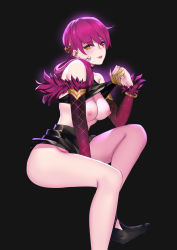 Rule 34 | 1girl, bare shoulders, black background, blush, breasts, claws, detached sleeves, evelynn (league of legends), flashing, fur trim, hair ornament, headphones, high heels, highres, k/da (league of legends), k/da evelynn, league of legends, lifting own clothes, medium breasts, nipples, no panties, parted lips, pd (pdpdlv1), purple hair, side ponytail, simple background, sitting, skirt, solo, yellow eyes