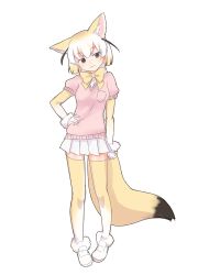 Rule 34 | 10s, 1girl, :3, animal ears, blonde hair, blush, bow, brown eyes, fennec (kemono friends), fox ears, fox tail, full body, gradient legwear, highres, kemono friends, kyuuri (miyako), multicolored clothes, multicolored legwear, pleated skirt, short-sleeved sweater, short hair, short sleeves, simple background, skirt, smile, solo, sweater, tail, thighhighs, white background, white skirt, white thighhighs, yellow thighhighs