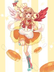 Rule 34 | 1girl, :d, apron, asymmetrical wings, bad id, bad pixiv id, boots, bow, brown hair, chef hat, cross-laced footwear, food, full body, hair over shoulder, hair rings, hat, highres, knee boots, lace-up boots, ladle, long hair, looking at viewer, morinaga &amp; company, morinaga (brand), multicolored clothes, open mouth, orange skirt, original, pancake, personification, punya, red bow, red eyes, skirt, smile, solo, standing, standing on one leg, striped background, striped clothes, striped thighhighs, thighhighs, thighhighs under boots, twintails, vertical-striped clothes, vertical-striped thighhighs, vest, wings