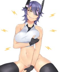 Rule 34 | 1girl, bare shoulders, black gloves, black thighhighs, bottomless, breasts, eyepatch, female pubic hair, fingerless gloves, gloves, grin, highres, hikikomoriamy, kantai collection, large breasts, looking at viewer, navel, no panties, pubic hair, purple hair, short hair, simple background, smile, solo, tenryuu (kancolle), thighhighs, white background, yellow eyes