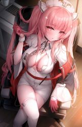 Rule 34 | 1girl, azur lane, black jacket, blush, breasts, chair, cleavage, closed mouth, computer, crossed legs, cup, desk, dress, feet out of frame, from above, gloves, hand in own hair, hat, highres, id card, indoors, jacket, laptop, large breasts, long hair, long sleeves, looking at viewer, looking up, no bra, nurse, nurse cap, off shoulder, official alternate costume, on chair, open clothes, open jacket, oyuwari, pen, perseus (unfamiliar duties) (azur lane), pink gloves, pink hair, red eyes, short dress, short sleeves, sitting, skindentation, solo, thighhighs, unbuttoned, very long hair, white dress, white thighhighs, wooden floor, wrist cuffs