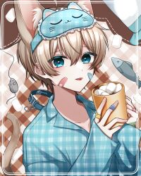 Rule 34 | 1boy, animal ears, bandaid, bandaid on face, bandaid on hand, blue eyes, cat boy, cat ears, cat tail, collared shirt, cup, eye mask, food, highres, holding, holding cup, hot chocolate, komusubi moru, light brown hair, male focus, marshmallow, original, shirt, solo, sticker on face, tail, tongue, tongue out