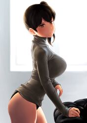 Rule 34 | 1girl, alternate costume, ass, blush, breasts, brown eyes, brown hair, closed mouth, couch, cowboy shot, grey sweater, highres, indoors, kaga (kancolle), kantai collection, large breasts, long sleeves, looking at viewer, no pants, panties, revision, side ponytail, solo, sunlight, sweater, thighs, turtleneck, underwear, wa (genryusui), window