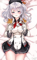 Rule 34 | 10s, 1girl, bad id, bad pixiv id, beret, breast suppress, breasts, emyo, epaulettes, female focus, frilled sleeves, frills, hair between eyes, hat, kantai collection, kashima (kancolle), large breasts, long hair, looking at viewer, lying, military, military uniform, miniskirt, on back, pleated skirt, purple eyes, shirt, sidelocks, silver hair, skirt, smile, solo, taut clothes, taut shirt, twintails, uniform, untied, wavy hair