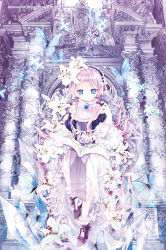 Rule 34 | 1girl, architecture, artist name, blonde hair, blue eyes, blue hallelujah, blunt bangs, book, bow, bug, butterfly, chair, crystal, dress, flower, frills, full body, gloves, gosick, hairband, headdress, high heels, ice, insect, lace, lolita fashion, long hair, long sleeves, looking at viewer, open book, shoes, sitting, smoking pipe, solo, tsurime, very long hair, victorica de blois, watermark, web address
