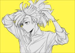 Rule 34 | 1boy, boku no hero academia, collared shirt, greyscale, greyscale with colored background, hand in own hair, male focus, mkm (mkm storage), monochrome, rody soul, shirt, signature, simple background, sleeves rolled up, solo, spot color, tying hair, upper body, yellow background