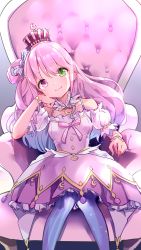 Rule 34 | 1girl, arm rest, asymmetrical legwear, blue legwear, blush, bracelet, choker, closed mouth, crown, detached sleeves, dress, feet out of frame, frilled choker, frilled dress, frills, gradient hair, green eyes, hair rings, head rest, heterochromia, highres, himemori luna, himemori luna (1st costume), hololive, jewelry, layered dress, long hair, looking at viewer, mismatched legwear, multicolored hair, on chair, one side up, pink dress, pink hair, princess, purple eyes, purple hair, purple legwear, short dress, short sleeves, sitting, sleeveless, sleeveless dress, smile, solo, virtual youtuber, yuyaiyaui
