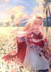 Rule 34 | 1girl, blonde hair, blood, blood from mouth, blue eyes, blue sky, blurry, blurry background, brown hair, cape, cloud, cloudy sky, commentary request, day, depth of field, dress, emily thompson, eyeshadow, f.k. (the missing), field, floating hair, flower, flower field, flower request, hairband, high heels, highres, holding, jj macfield, long hair, looking at viewer, makeup, outdoors, red cape, short sleeves, sky, solo, solo focus, sousou (sousouworks), standing, stuffed animal, stuffed rabbit, stuffed toy, tears, the missing: j.j. macfield and the island of memories, white dress, white flower, windmill, wiping face