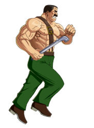 Rule 34 | 1boy, abs, black hair, brown footwear, capcom, clenched hand, clenched teeth, final fight, green pants, holding, holding smoking pipe, industrial pipe, male focus, mike haggar, muscular, nipples, old, old man, pants, pectorals, smoking pipe, running, simple background, solo, standing, suspenders, taka (takahirokun), teeth, topless male, veins, white background