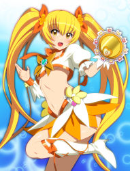 Rule 34 | 10s, 1girl, blonde hair, blue background, boots, bow, breasts, brooch, cure sunshine, hair ribbon, heart, heart brooch, heartcatch precure!, instrument, knee boots, kyoku tou, long hair, magical girl, midriff, myoudouin itsuki, navel, open mouth, orange bow, orange skirt, precure, ribbon, skirt, small breasts, solo, tambourine, twintails, underboob, yellow bow, yellow eyes