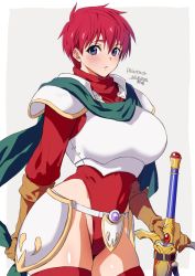 Rule 34 | 1girl, adol christin, armor, breastplate, breasts, commission, falcom, genderswap, genderswap (mtf), grey background, highres, large breasts, leotard, no panties, pixiv commission, red hair, red thighhighs, short hair, simple background, solo, sword, thighhighs, weapon, yajiro masaru, ys
