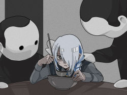 Rule 34 | 1girl, bad id, bad pixiv id, black eyes, blank room soup, blue hair, bowl, braid, hair ornament, hair over one eye, hand on another&#039;s shoulder, holding, holding ladle, horror (theme), ladle, long sleeves, mascot costume, multicolored hair, open mouth, original, pocan, scared, school uniform, shaded face, streaked hair, sweat, sweater vest, table, white hair