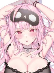 Rule 34 | 1girl, :&lt;, armpits, arms up, black camisole, black choker, black mask, black wristband, blush, breasts, camisole, choker, cleavage, collarbone, commentary, english commentary, highres, hololive, hololive english, kamiya maneki, large breasts, long hair, looking at viewer, lying, mask, mask on head, messy hair, mori calliope, mori calliope (sleepwear), official alternate costume, on back, open mouth, pink eyes, pink hair, skull choker, sleep mask, solo, teeth, upper teeth only, virtual youtuber, wristband